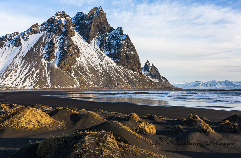 Vestrahorn mountain with black lava beach, Austurland, south-east Iceland