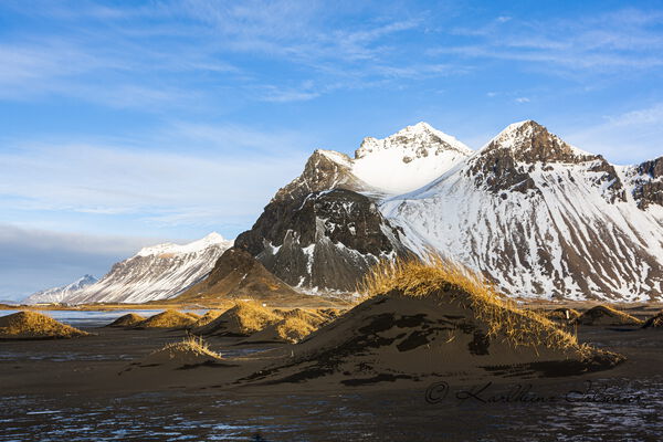 Vestrahorn mountain with black lava beach, Austurland, south-east Iceland