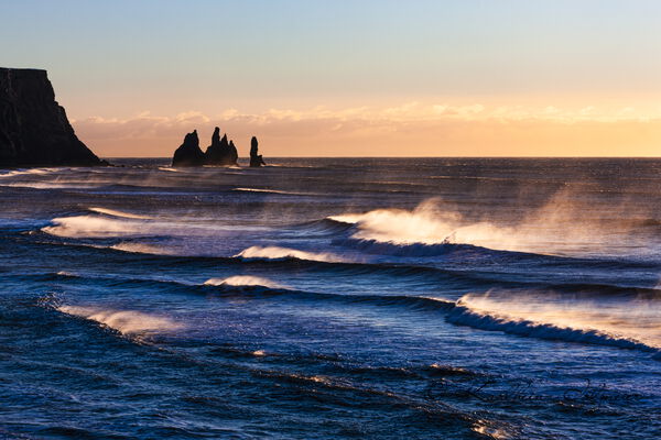 Reynisdrangar, stormy seas in the morning light near Reynisfjara, Sudurland, southern Iceland