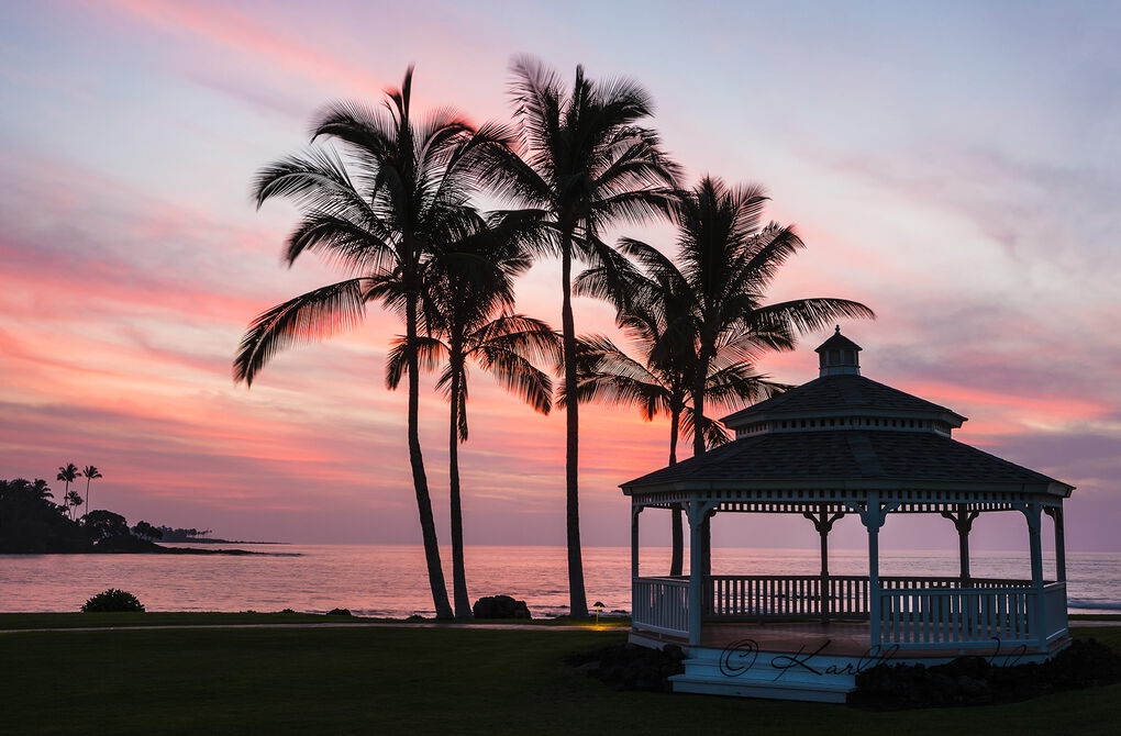 Pavilion, sunset by the beach, Kohala Coast, Big Island, Hawaii