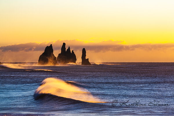 Reynisdrangar, stormy seas in the morning light near Reynisfjara, Sudurland, southern Iceland