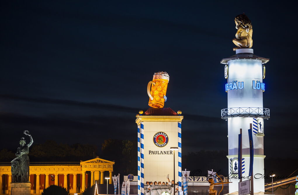 Bavaria statue, Paulaner beer tower, Löwenbräu beer tower, Munich - Oktoberfest