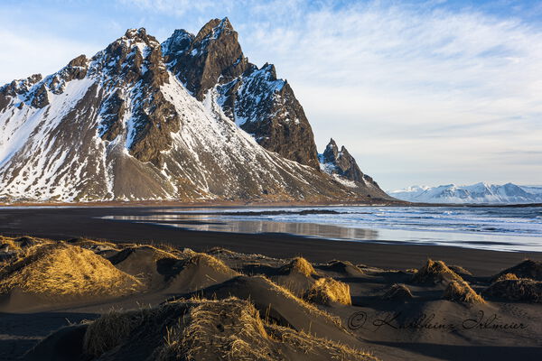 Vestrahorn mountain with black lava beach, Austurland, south-east Iceland