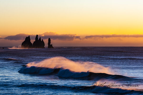 Reynisdrangar, stormy seas in the morning light near Reynisfjara, Sudurland, southern Iceland