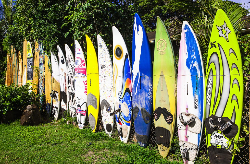 Decorative surf boards at Hoʻokipa Beach Park, Maui, Hawaii