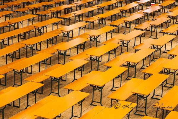 Bench and table sets, Bräurosl beer hall, Munich - Oktoberfest