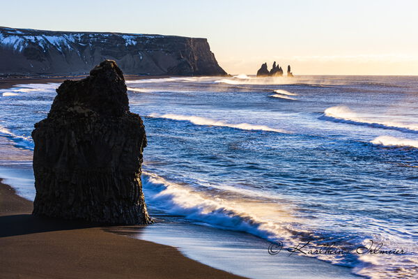 Reynisdrangar, stormy seas in the morning light near Reynisfjara, Sudurland, southern Iceland