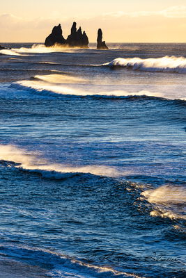 Reynisdrangar, stormy seas in the morning light near Reynisfjara, Sudurland, southern Iceland